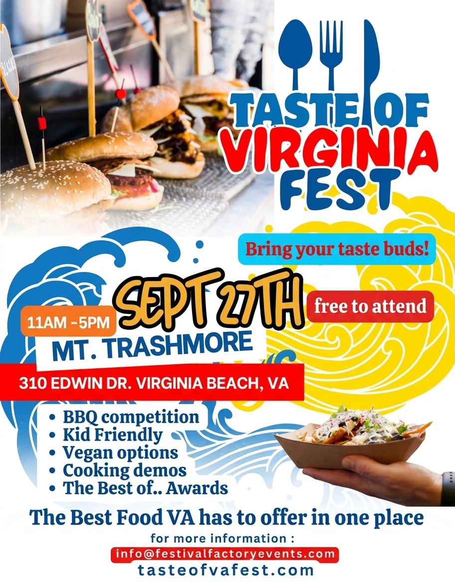 Taste of Virginia Fest official flyer: Sunday, September 27, 11am–5pm at Mt. Trashmore, Virginia Beach