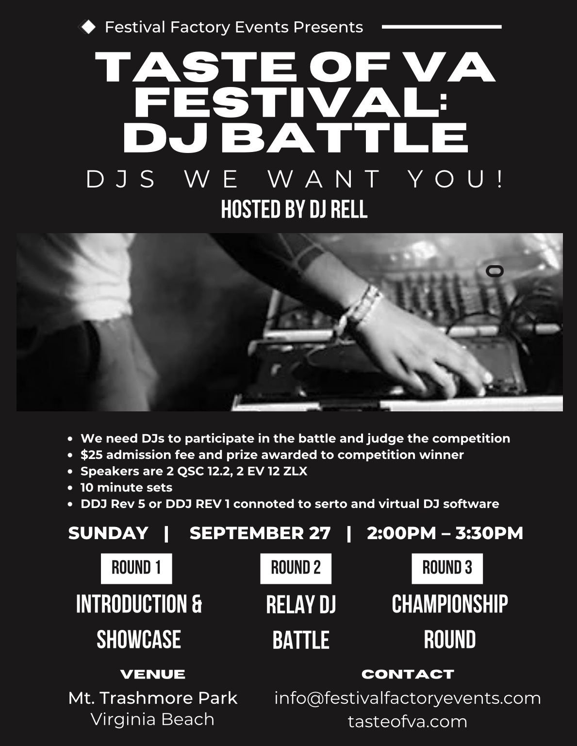 Taste of VA Festival DJ Battle flyer — hosted by DJ Rell, Sunday September 27, 2:00–3:30 PM at Mt. Trashmore Park