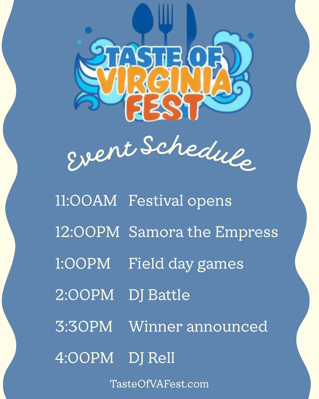 Taste of Virginia Fest event schedule — 11am Festival opens, 12pm Samora the Empress, 1pm Field day games, 2pm DJ Battle, 3:30pm Winner announced, 4pm DJ Rell