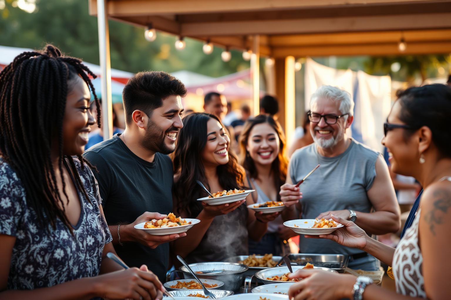 Diverse group of friends enjoying food together at the festival