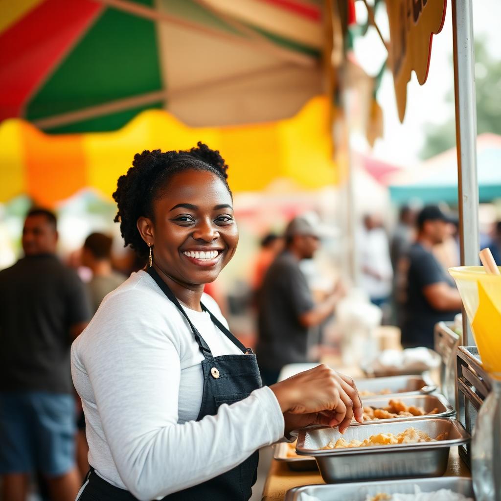 Smiling food vendor serving guests